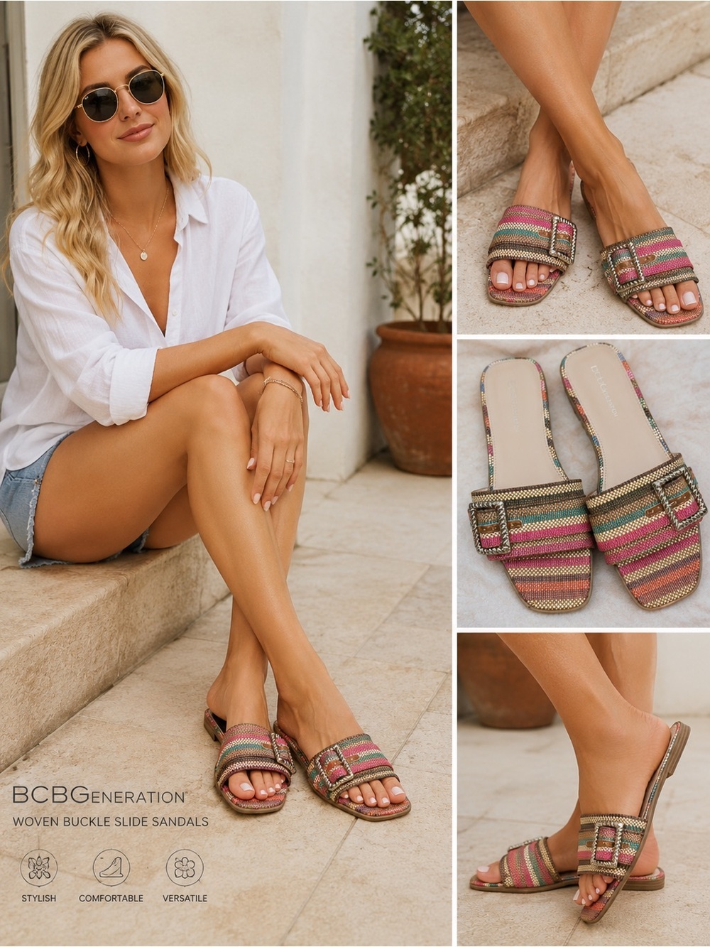 BCBGeneration Striped Woven Buckle Slide Sandals in Pink, Green and Tan